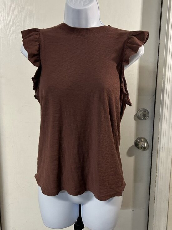Tops - Cotton Brown Ruffle Sleeve Tank Top